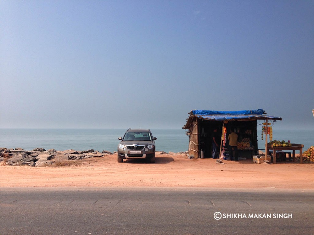 Somewhere near Honavar, the road is a narrow strip of land with sea on one side and backwaters on the other.