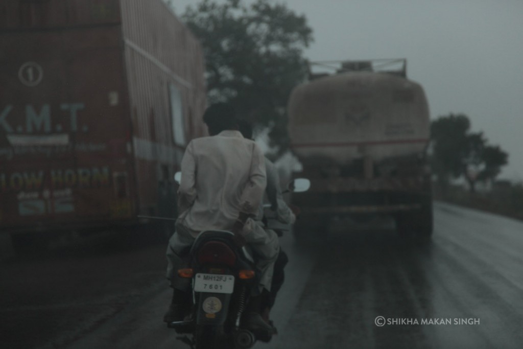 The monsoons were rather late that year. On the way back, it started to pour.