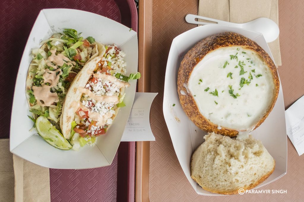 Fish taco and Clam Chowder with Sourdough at Boudin, San Francisco