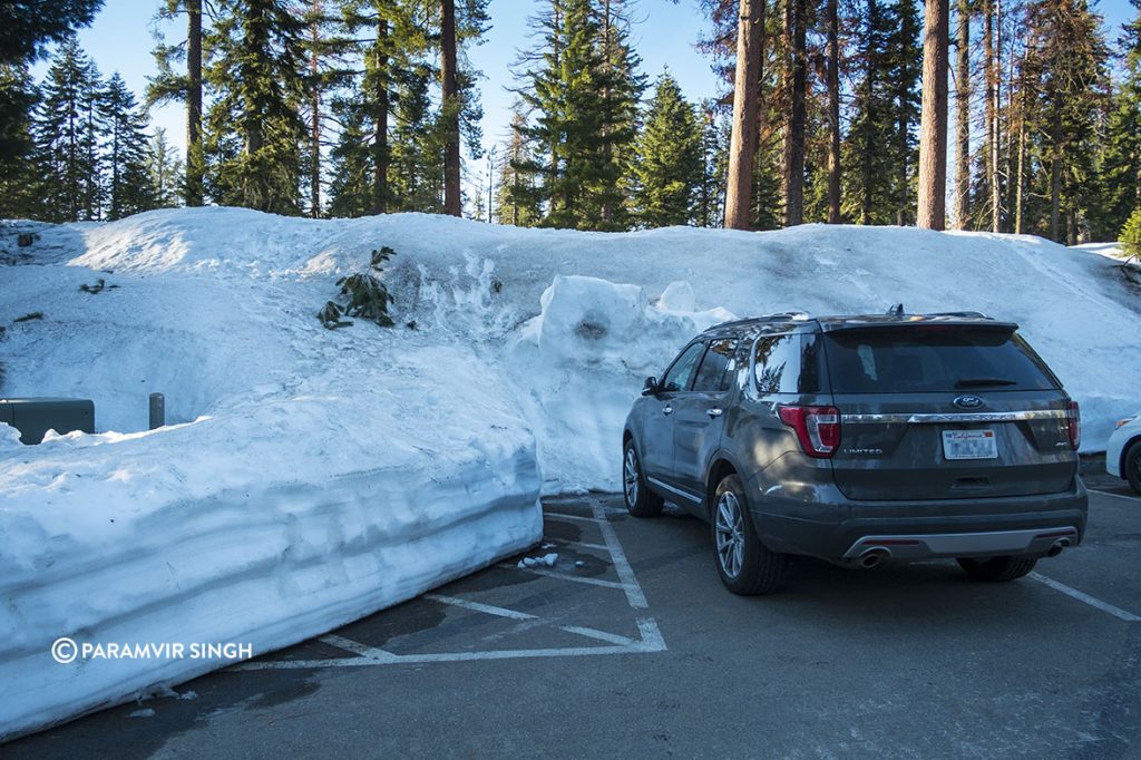 Sequoia National Park snow in parking lot.