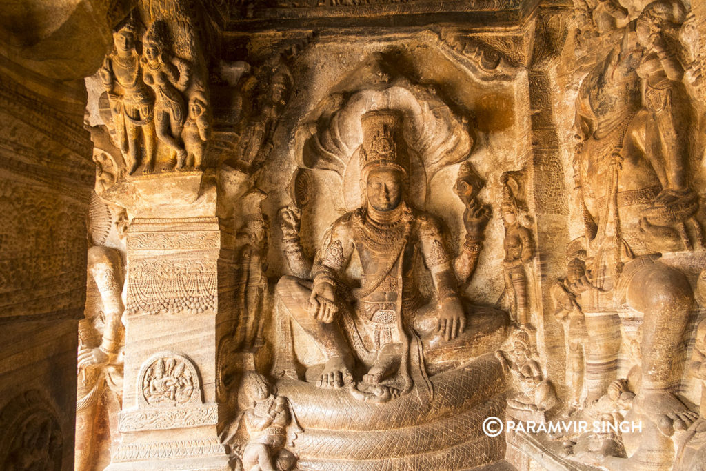 Vishnu Seated on Shesha Nag in cave 3 of Badami Caves
