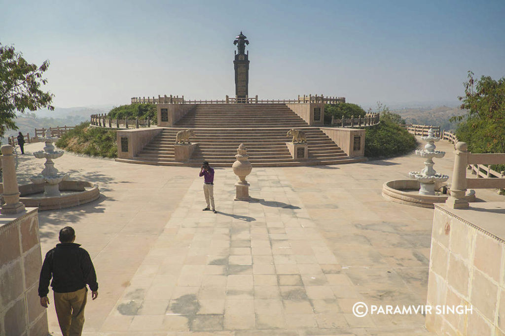 The 'Pragya Shikhar', commemorative granite pillar. 